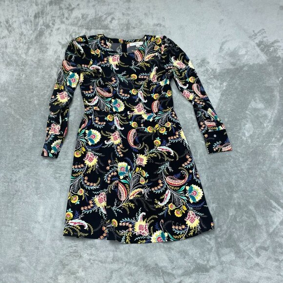 Loft Floral Paisley Long Sleeve A-Line Dress Size 4 Black Multicolor a0494 - Picture 1 of 7